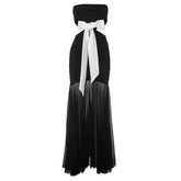 Ruched bowknot backless hollow out ribbon patchwork tube maxi dress
