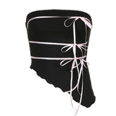 Bowknot contrast ruffle irregular backless tube crop top