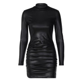 Ruched solid long sleeve high neck mini dress