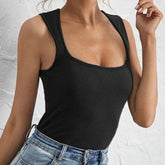 Square neck low cut sleeveless solid ribbed top