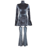Velvet turtle neck solid long flared sleeve self tie pant set