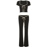 Contrast self tie v neck short sleeve low rise pant set