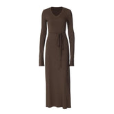 Self tie solid long sleeve v neck ruffle maxi dress