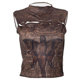 Stitch abstract print sleeveless hollow out o ring crop cut out top