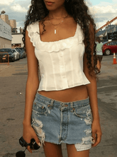 Lace Ruffle Trim White Cropped Tank Top