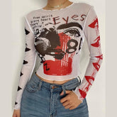 Mesh see through crewneck print ruffled crop top