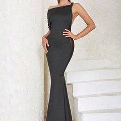 Raina Asymmetrical Neck Batwing Sleeve Mermaid Hem Dress