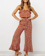 Transparent Suspenders Lace-up Ruffled Jumpsuit Tube Top Floral Loose Rompers