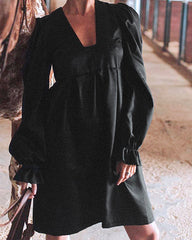 V-neck Lantern Puff Sleeve Square Collar Mini Dresses