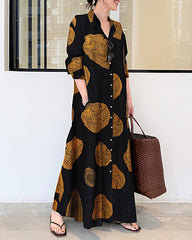 Color Block Long Sleeve Linen Long Dress Printed Contrast Loose Plus Size Maxi Dresses