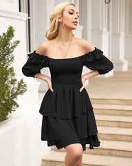 Solid Color Long Sleeve Dress Square Neck Lotus Leaf Mini Dress