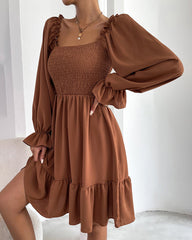 Square Neck Long Sleeve Shirred Ruffle Hem Dresses High Waist A Line Knee Length Elegant Mini Dress