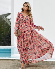 Lotus Leaf Edge V-neck Lantern Sleeve Floral Print Maxi Dresses