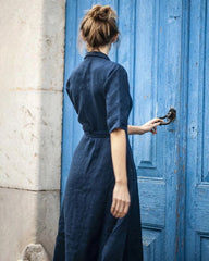 Mid-sleeve Tie Lapel Large Swing Dress Solid Color Casual Dress