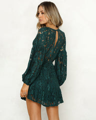 Lace Dress Deep V Floral Long Sleeve Cocktail Swing Dress