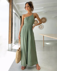 Straps Jumpsuits Romper One Shoulder Pleated High Waist Wide Leg Pansuits Casual Lounge Wear
