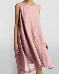 Cotton Linen Dress Sleeveless Crew Neck Loose Baggy Dress