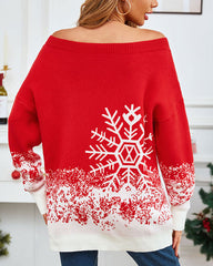 Snowflake Print Off-Shoulder Long Sleeve Sweater