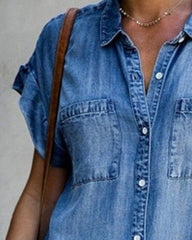 Denim Shirt Dresses Short Sleeve V Neck Jean Dress Button Down Casual Loose Fit Tunic Tops with Pockets