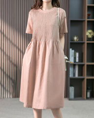 Crew Neck Cotton Linen Plain Dress Casual Loose Short Sleeve Sundress with Pockets