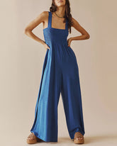 Spaghetti Strap Jumpsuit Casual Sleeveless Ruffled with Pockets High Waist Loose Wide Leg Pants Romper