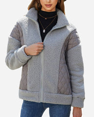 Long Sleeve Cardigan Zippered Plush Patchwork Women's Jacket