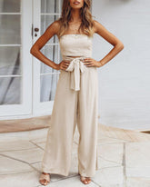 Solid Off Shoulder Bandeau Tube Tops Wide Leg Jumpsuit One Piece Cutout Tie Knot Romper Outfit