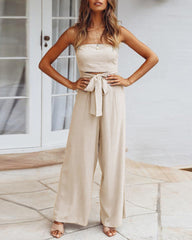 Solid Off Shoulder Bandeau Tube Tops Wide Leg Jumpsuit One Piece Cutout Tie Knot Romper Outfit