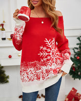 Snowflake Print Off-Shoulder Long Sleeve Sweater