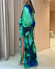 Casual Long Sleeve Pleated Long Dress Loose Deep V Neck Holiday Beach Cover Ups