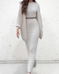 Lazy Style Knitted Sweater Long Dress & Cardigan Two-piece Sets
