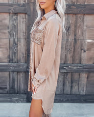 Long Sleeve Mini Shirt Dress Lapel Button Sequin Short Dresss