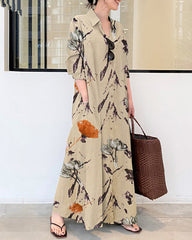 Long Sleeve Long Shirt Dress Printed Contrast Loose Plus Size Maxi Dresses