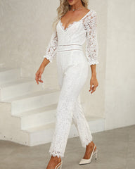 V Neck Jumpsuit Long Sleeve Wedding Lace Bridal Romper