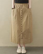 Casual High Waist Flared A-line Skirt Pleated Midi Skirt with Pocket