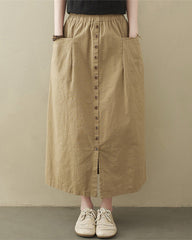 Casual High Waist Flared A-line Skirt Pleated Midi Skirt with Pocket