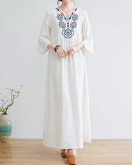 Loose Embroidered Floral Cotton Linen V-Neck 3/4 Sleeve Dress
