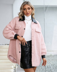 Lapel Collar Plush PU Single-breasted Trench Coat