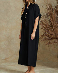 Short Sleeve V Neck Jumpsuit Button Down Turndown Collar Wide Leg Jumpsuit