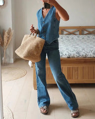 Sleeveless Denim Vest V Neck Button Down Waistcoat Jacket