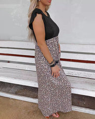 Black Leopard Stitching Long Dress Summer Waist Slimming Maxi Dress