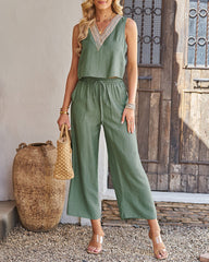 Solid Color Two Piece Outfits Sleeveless Deep V Neck Crop Tank Top with Wide Leg Pants Set with Pockets