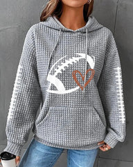 Rugby Print Top Women's Pullover Hooded Waffle Sweatshirt