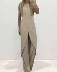 Casual Two-Piece Set: Sleeveless Loose Fit Round Neck Irregular Hem Long Top with Wide-Leg Pants