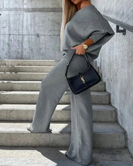 Solid Color Two Pieces Sets Off-shoulder Bat Sleeve Top Casual Wide Leg Pants Suit