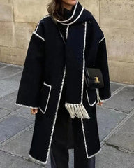 Women's Thickened Loose Woolen Longline Coat With Fringed Scarf