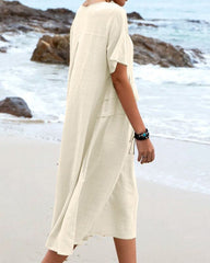 Solid Color Round Neck Short Sleeve Midi Dress Summer Holiday Casual Maxi Sundress