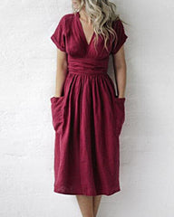 Casual V Neck Short Sleeve Pleated A-Line Midi Dresses with Pockets Split Belted Summer Dress
