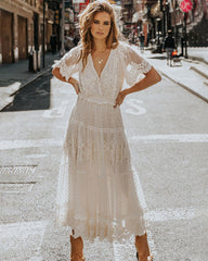 V Neck Short Sleeve Lace Maxi Dress