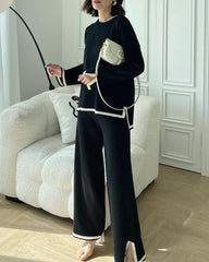 Contrast Color Two-piece Suit Casual Slit Long-sleeved Sweater High-waisted Wide-leg Trousers Pants